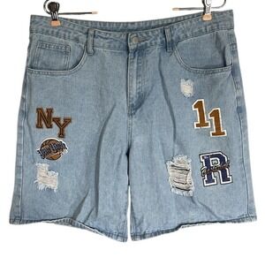 Romwe Jean Shorts Women's L Light Wash Varsity Patch Distressed Basketball NY